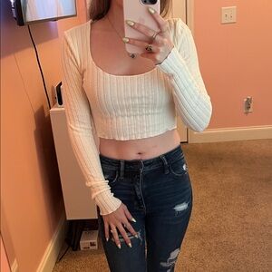 Cream Ribbed Long Sleeve Crop Top